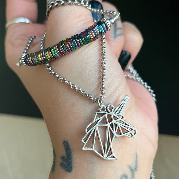 Double layer unicorn rainbow stones stainless steel adjustable choker necklace - Picture 9 of 13